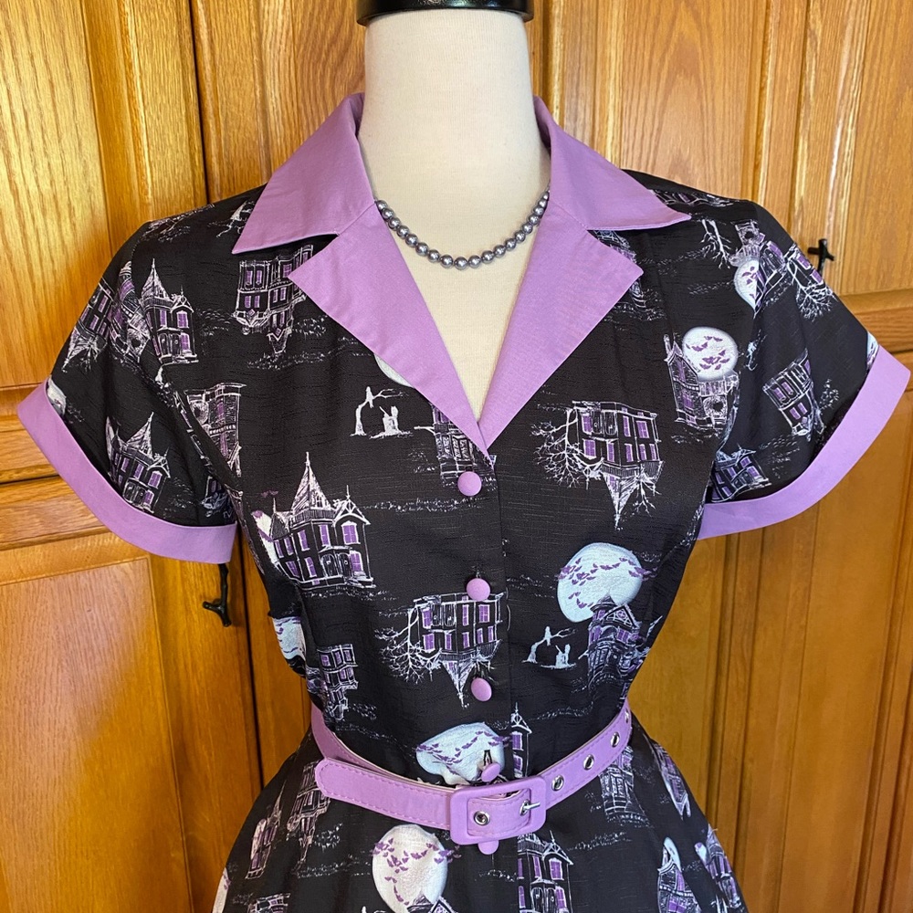 π HAUNTED HOUSE HALLOWEEN PINUP SWING DISNEY HOUSEWIFE DRESS NWT - Picture 7 of 11